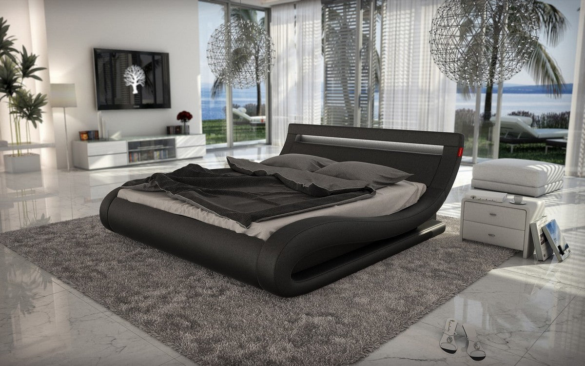 Queen Modrest Corsica Contemporary Black Leatherette Bed With Headboard Lights Model VGINCORSICA-BLK-Q