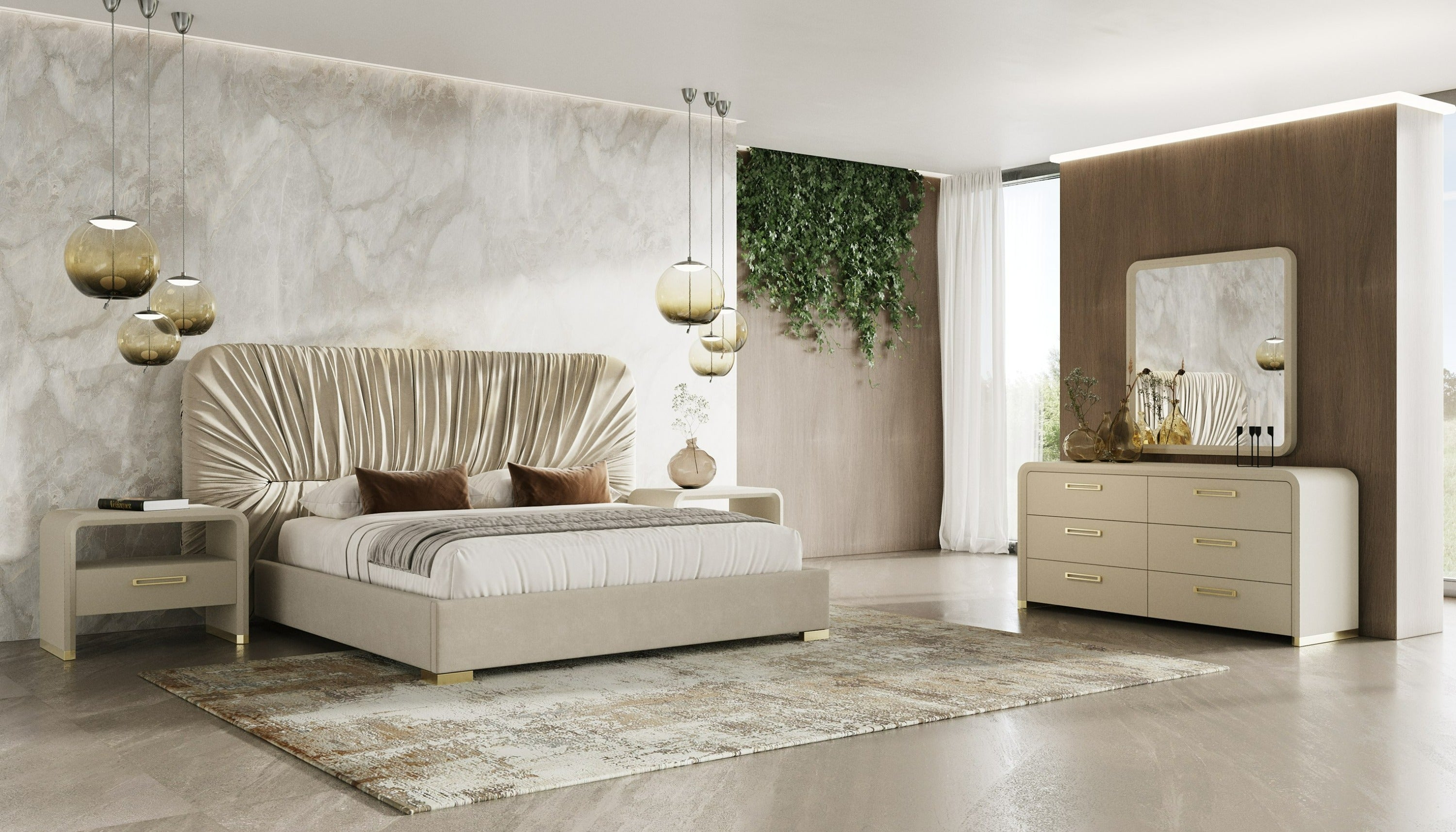 Modrest Florence Modern Beige Velvet & Leatherette Bedroom Set Model VGVC-BD2410-SET