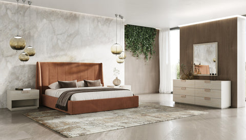 Queen Lamod Roma & Lago Modern Burnt Orange Velvet & Faux Travertine 4 Piece Bedroom Set Model VGAC-ROMALAGO-4PC-SET-Q