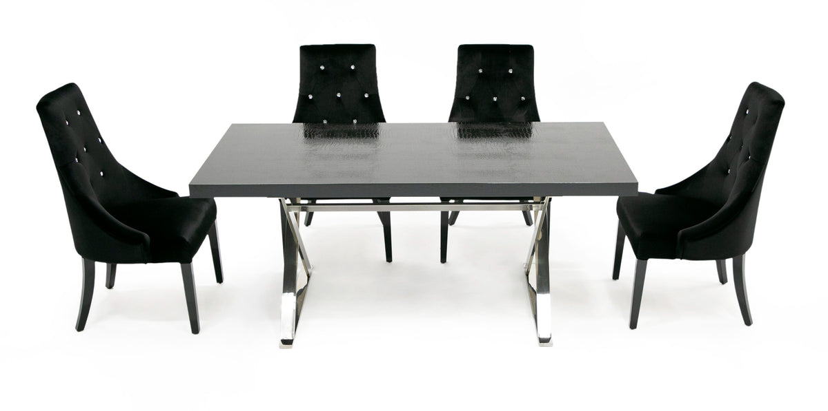 A&X Xavier Modern Black Crocodile & Stainless Steel Dining Table Model VGUNAA815-180-BLKCROC