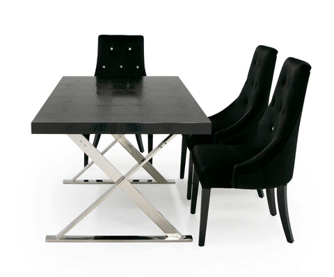 A&X Xavier Modern Black Crocodile & Stainless Steel Dining Table Model VGUNAA815-180-BLKCROC