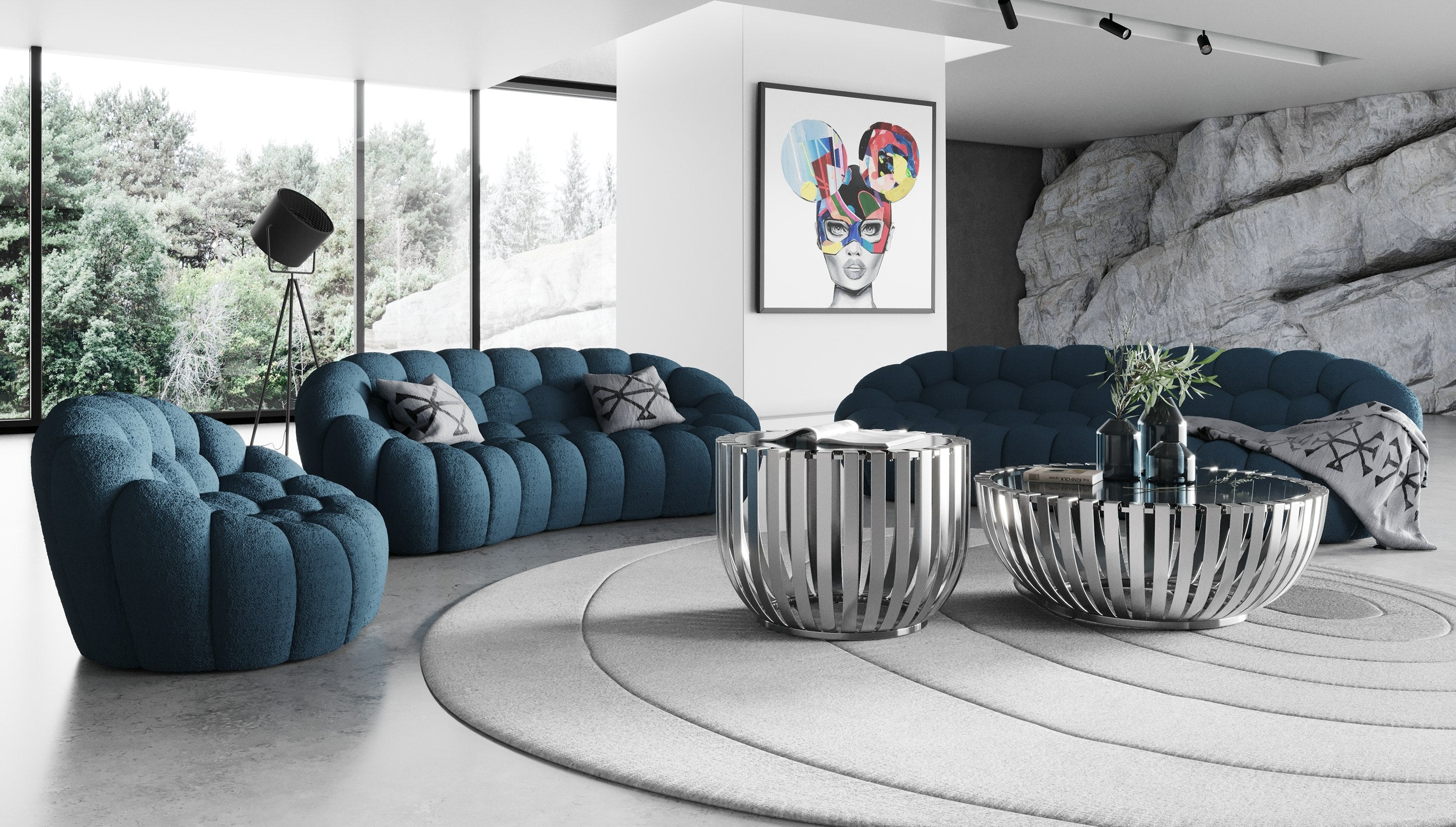 Divani Casa Yolonda Modern Curved Dark Teal Fabric Sofa Set Model VGEV2126C-SET-C-15
